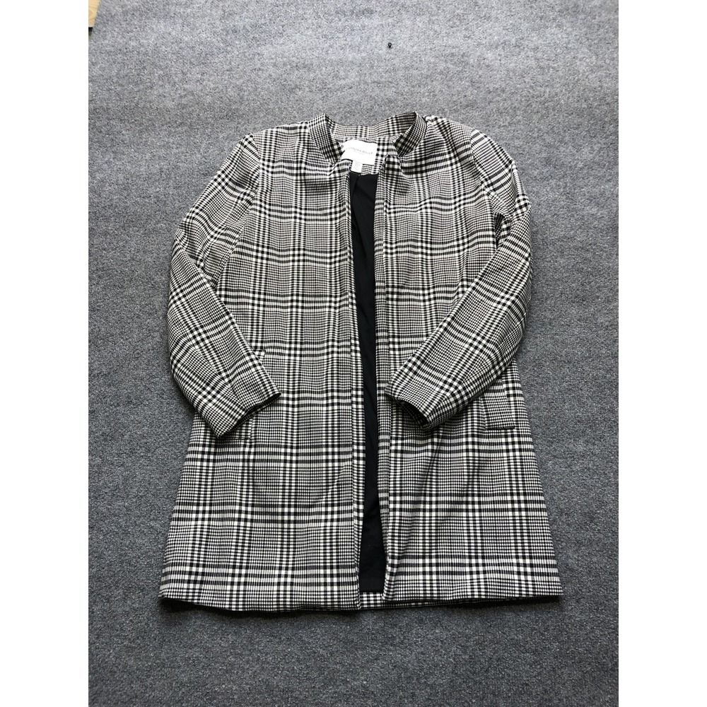 Carolina Belle Coat Womens Medium Black White Plaid Collarless Open Front Lined